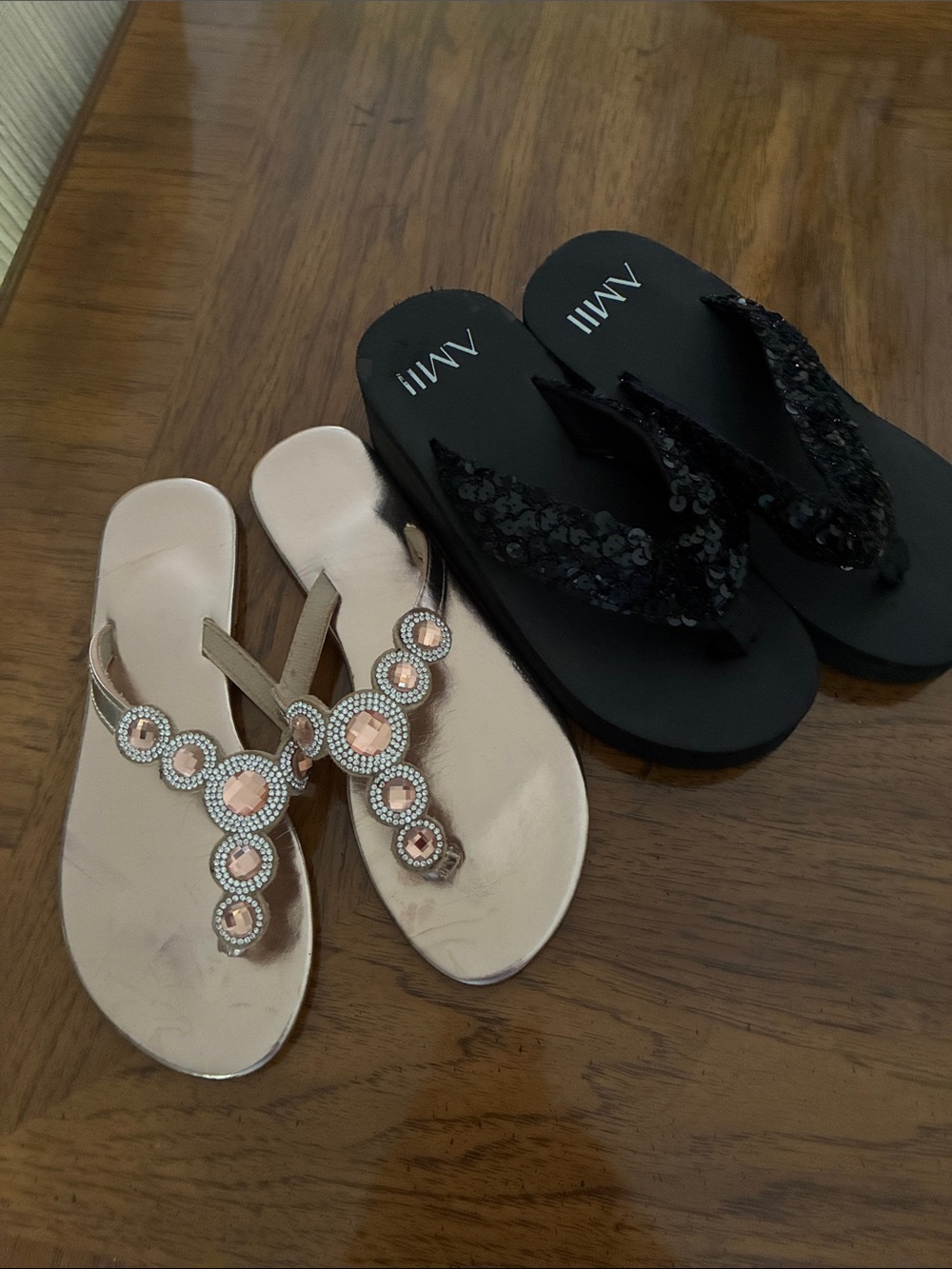 Black Sequin Flip Flops & Rose Gold Embellished Sandals - Women's